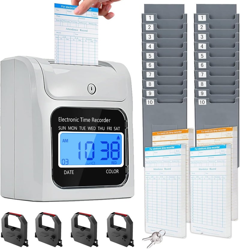 TooCust Time Clock Bundle with 200 Time Cards, 4 Ink Ribbons, 2 Ten-Slot Time Card Racks, & 2 Security Keys, Auto-Align Employee Time Clocks for Small Business - Image 1